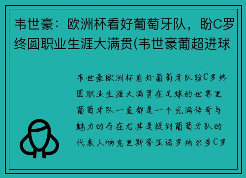 韦世豪：欧洲杯看好葡萄牙队，盼C罗终圆职业生涯大满贯(韦世豪葡超进球视频)